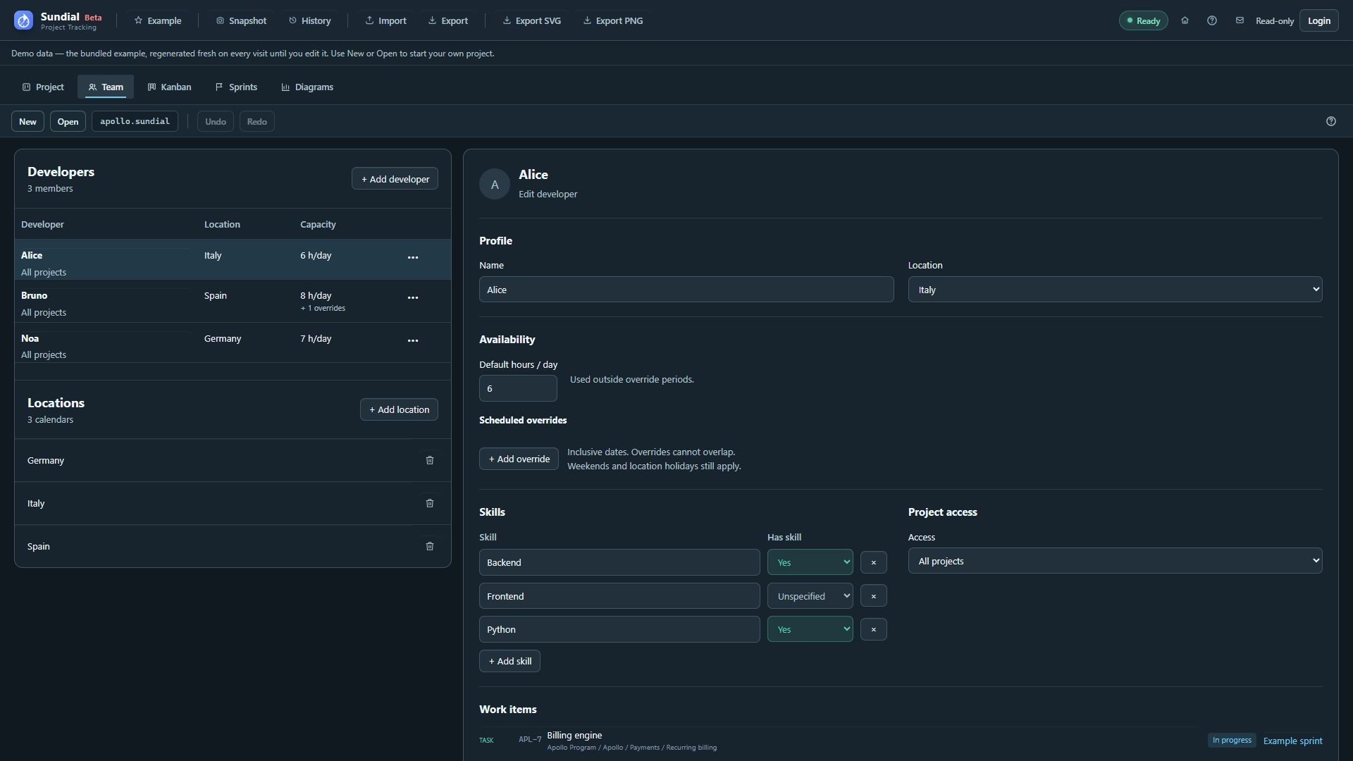Team workspace with the current developer directory, calendars, skills, access, and assignment links.