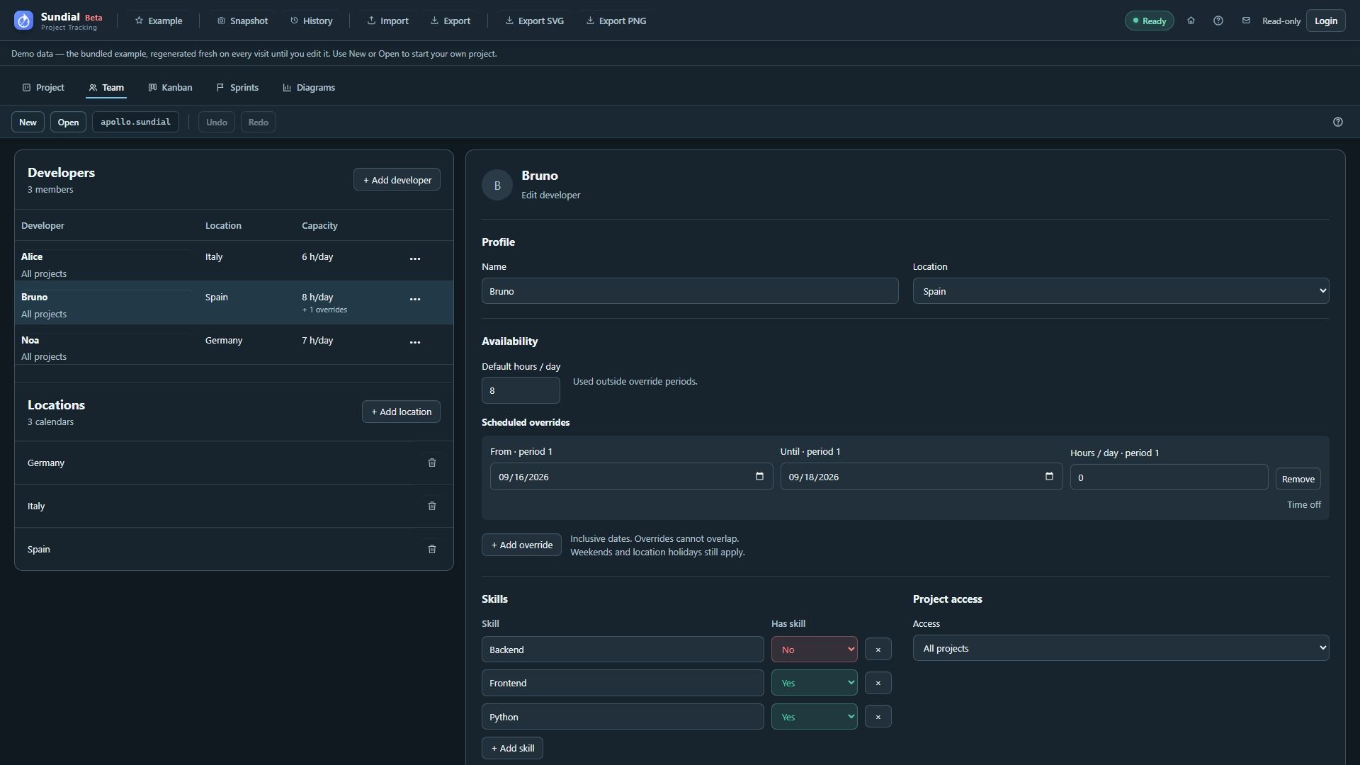 Bruno's default capacity and dated zero-hour override in the Team editor.