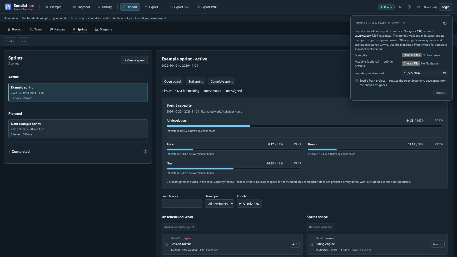 Import panel with tracker-dump selection, optional mapping, forecast window, and replacement options.