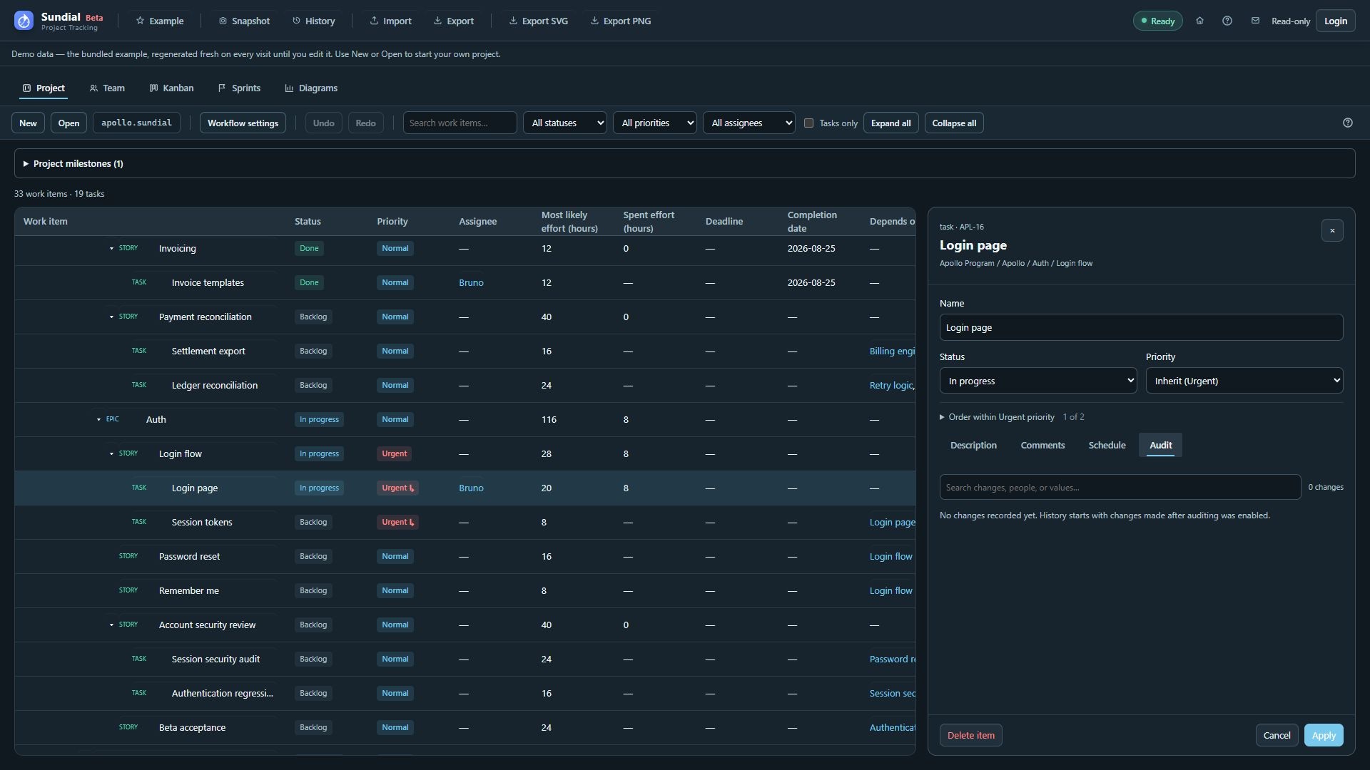 Work-item Audit tab with search and an empty-history notice on the fresh Example.