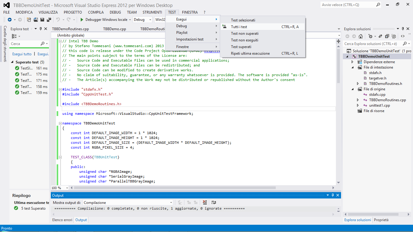 screen shot of unit testing with Microsoft Visual C++ 2012
